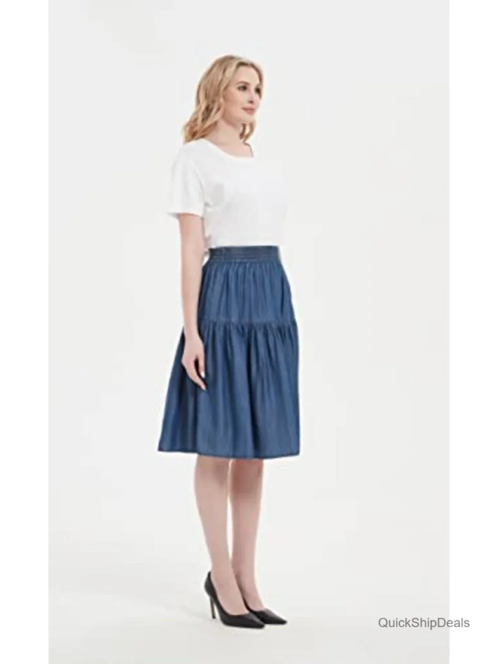 Tencel Denim Tiered A-Line Skirt Women Knee Length Elastic Waist